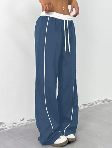 ZAFUL Womens Parachute Pants Y2K Wide Leg Cargo Sweatpants Drawstring Waist Jogger Pants with Pockets Blue XL - Thumbnail 6