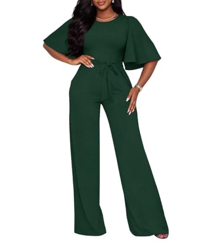 ABKY Jumpsuits For Women Dressy Batwing Sleeve Belted Wide Leg Romper Formal Wedding Evening Party Jumpsuit One Piece Outfits Deep Green L - Image 1
