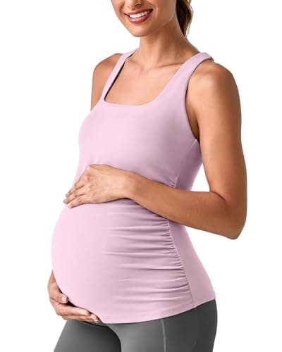 G4Free Maternity Activewear with Built in Bra Summer Pregnancy Outfits Racerback Yoga Tank Tops Stretchy Athletic Camisole(Pink,XS) - Image 1