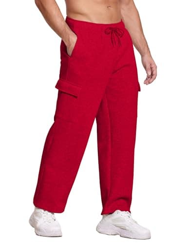 Deyeek Men's Sweatpants Fleece Lined Pants Men Cargo Sweatpants Straight Leg Jogging Sweats Baggy Lounge Pants with Pockets Red - Image 1