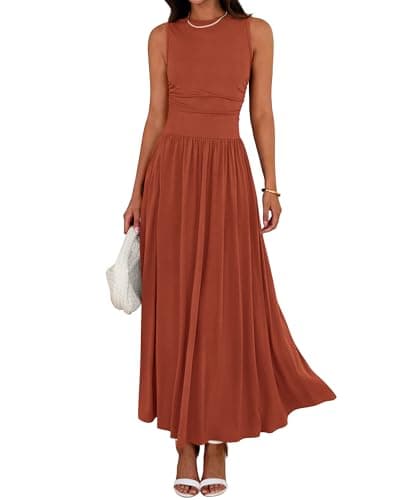 BTFBM Summer Maxi Dresses for Women 2026 Spring Sleeveless Casual Ruched High Waisted Long Sundress Flowy Beach Dress(Brick Red, Large) - Image 1