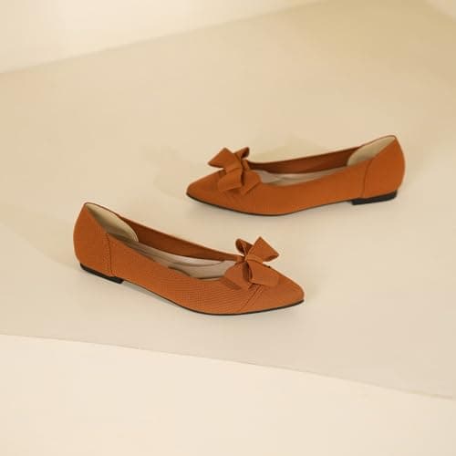 AHZEHRSE Women's Flats Pointed Toe Ballet Flat Classic Dressy Comfortable Slip On Bow Knit Shoes Brown - Thumbnail 6