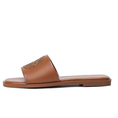 Stratuxx Kaze Womens Flat Sandals Dressy Summer Slide with Memory Foam Comfortable Cute Leather Brown Sandals for Women - Thumbnail 6