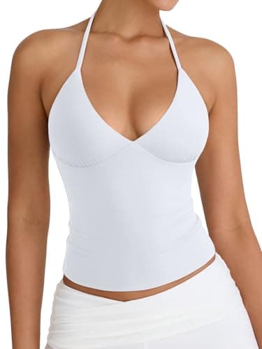 PINKMSTYLE White Halter Top Basic Double Lined V Neck Tank Top Trendy Backless Summer Sleeveless Cami Going Out Tops for Women Large - Image 1