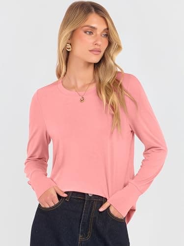 ANRABESS Long Sleeve Shirts for Women Crewneck Basic Tee Striped Tops 2026 Fall Casual Loose Fit T Shirts Fashion Outfits Coral Small - Thumbnail 2