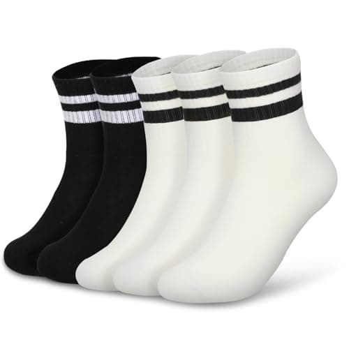 Kagcre Cotton Cushioned Crew Socks 5 Pairs, Women Men Athletic Casual Socks, Striped Retro Socks, Cozy Soft Moisture-Wicking Socks for Gym, Work, Everyday (Black+White)