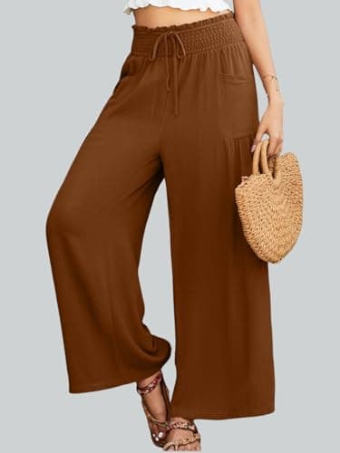 JUYUEO Linen Pants for Women 2026 Summer High Waisted Wide Leg Pants Casual Dressy Palazzo Beach Boho Pants Caramel M - Thumbnail 2