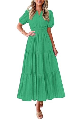 PRETTYGARDEN Womens Summer Maxi Dresses 2026 Casual Puff Sleeve V Neck Smocked Flowy Eyelet Cotton Dress Spring Sundress(Green,X-Large) - Image 1
