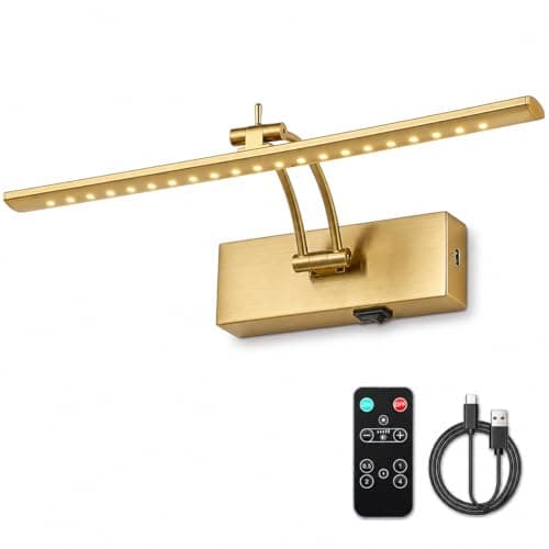 JOOSENLUX Rechargeable Picture Light, 16" Brass Battery Operated Wall Sconce with Remote, Dimmable LED Art Light for Paintings, Timer, Swing Arm