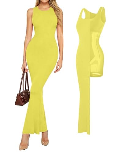 Popilush Maxi Dresses for Women Built-in Bra Shapewear Bodycon Modal Long Dress Tummy Control Fit Casual Formal Dresses Light Yellow Medium - Image 1