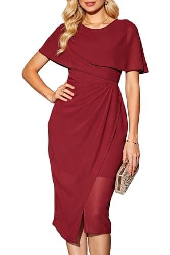 Ystguic Women's Chiffon Cape Sleeve Pleated Ruched Slit Cocktail Midi Dress Round Neck Elastic Waist Back Zipper Date Night Dresses 2025 Elegant Formal for Ladies Medium YG083 Wine Red M - Image 1