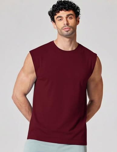 COOFANDY Men's Cotton Sleeveless Shirts Gym Muscle Tank Tops Cut Off Loose Fit Tees Dark Red Small - Thumbnail 2