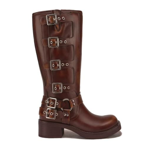 Athlefit Women's Knee High Riding Boots Fashion Buckle Square Toe Chunky Heel Wide Calf Biker Brown Boots Size 8.5 - Thumbnail 4