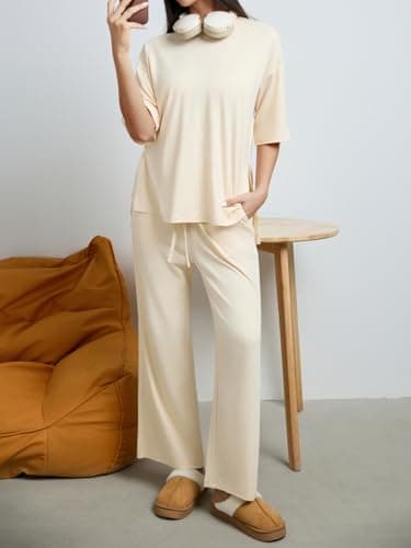 REORIA Womens Fall Lounge Sets Sleepwear Short Sleeve Tops and Long Pants 2 Piece PJ Pajama Sets Apricot Large - Thumbnail 3