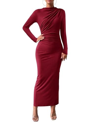 BTFBM Women Bodycon Maxi Dress Long Sleeve Back Slit Ruched Elegant Party Cocktail Formal Fall Wedding Guest Dresses(Wine Red, Small) - Image 1
