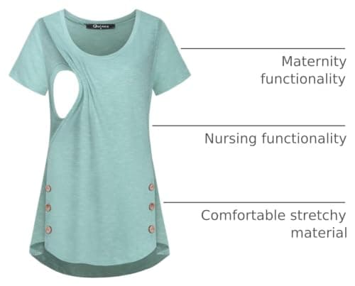 Nursing Clothes for Breastfeeding, Quinee Crew Neck Pregnancy T Shirt Women Comfort Loose Fitting Flared Aline Hem Cute Blouse Button Details Tops Maternity Tunic Mint Green XXL - Thumbnail 4