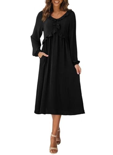 Dokotoo Dresses for Women Spring Clothes Black Dress Women's Clothing Casual Summer Dresses Long Wedding Guest Dress V Neck Pleated Maxi Dresses Spring Outfits Black - Thumbnail 3