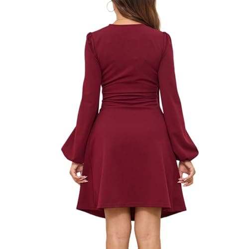 Women's Long Puff Latern Sleeve Wrap V Neck Ruched Party Club Holiday Homecoming Date Night Going Out Cocktail Clubbing Dress Ladies Sexy Bodycon Dark Wine Red Burgundy Large L Midi Dresses - Thumbnail 2