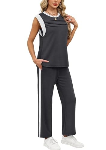 WIHOLL Workout Sets for Women Two Piece Outfits for Women Summer Travel Airport Cap Sleeve Tracksuit Workout Sets 2 Pc Lounge Sets Wide Leg Women's 2026 Spring Loungewear Casual Color Block Grey L - Thumbnail 4