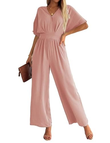 LOOKBOHO Womens Jumpsuits Dressy Wide Leg Pant Jumpsuit V Neck Short Sleeve Casual Wedding Party Long Romper Deep Pink XXL - Image 1