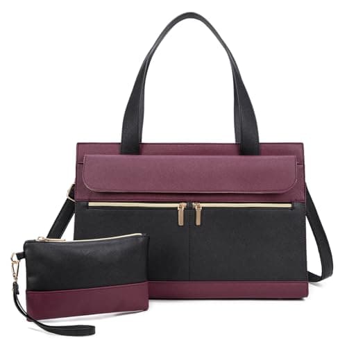 Laptop Bag for Women 15.6 Inch, Professional Tote Briefcase Purse, Eco-friendly Leather Teacher Bag Work Bag for Business(Black-Purple) - Image 1