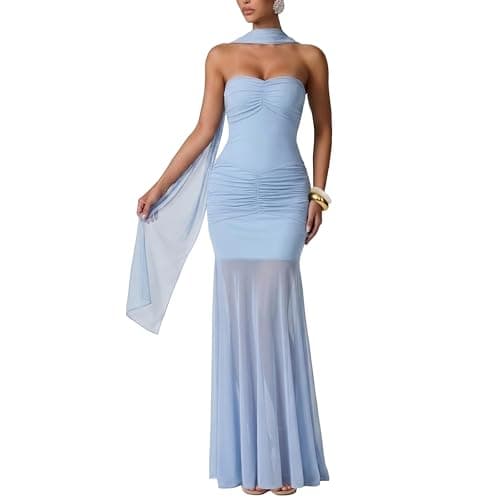 Curvphilo Women's Strapless Ruched Bodycon Mermaid Maxi Dress with Neck Scarf Formal Evening Prom Wedding Guest Gown Blue - Image 1