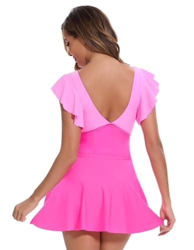 MFAVIP Women One Piece Swim Dress Tummy Control Swimsuits V Neck Ruffle Bathing Suit Cutout Wrap Side Tie Swimwear with Skirt Pink - Thumbnail 6
