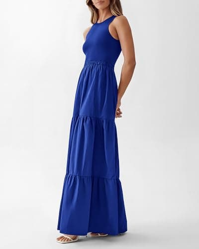 BTFBM Women Sleeveless Summer Dresses Wedding Guest Maxi Dresses Ribbed Knit Tops and Polyester Skirt with Pockets(Solid Blue,Small) - Thumbnail 6