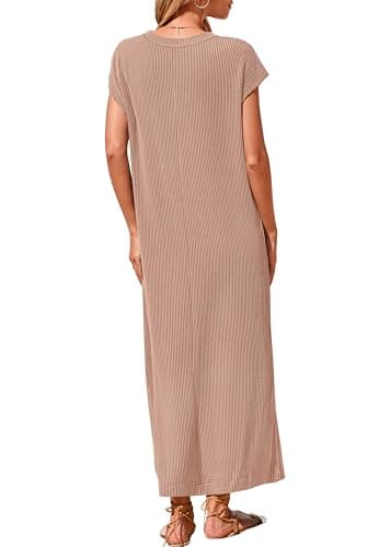 KIRUNDO Womens Summer Dresses 2026 Spring Ribbed Knit Henley Short Sleeve Maxi Dress Button Up Loose Beach Vacation Sundress(Khaki, X-Large) - Thumbnail 2