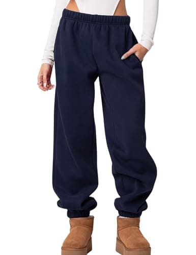 FACDIBY Women's Fleece Lined Sweatpants High Waist Drawstring Sweat Pants Baggy Athletic Pants with Pockets,Navy Blue S - Image 1