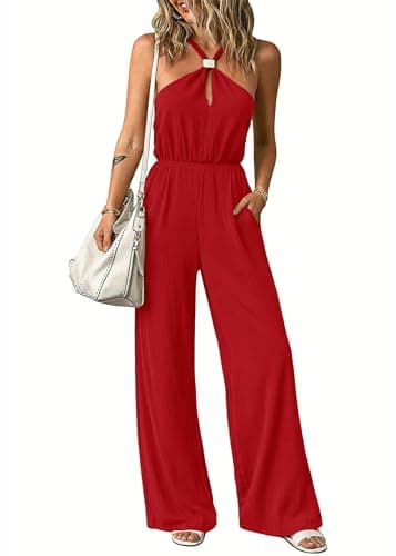 Lazysmile Summer Jumpsuits for Women Sleeveless Halter Backless Pants Romper Dressy Wide Legs One Piece Outfits - Image 1