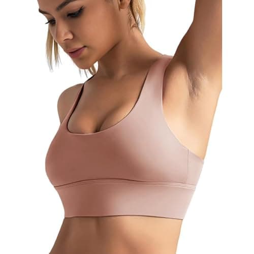 BaseTry Adjustable Strap Racerback Sports Bras for Women - Padded Seamless High Support Bra for Workout Gym Yoga Large Bust (US, Alpha, Medium, Regular, Regular, Pink)