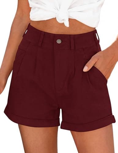 PRETTYGARDEN Womens Summer Shorts 2026 Casual High Waisted Pleated Beach Vacation Tailored Denim Shorts with Pockets(Wine Red,Medium) - Image 1