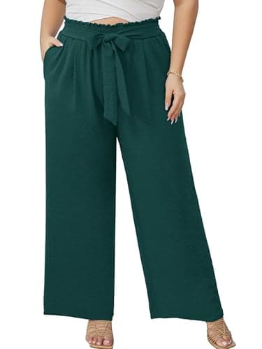 AusLook Plus Size Wide Leg Pants for Women High Waist Elastic Drawstring Palazzo Casual Lounge Beach Travel Vacation Resort Peacock Green 2X Pants with Pockets Flowy Summer Comfy Outfit - Image 1