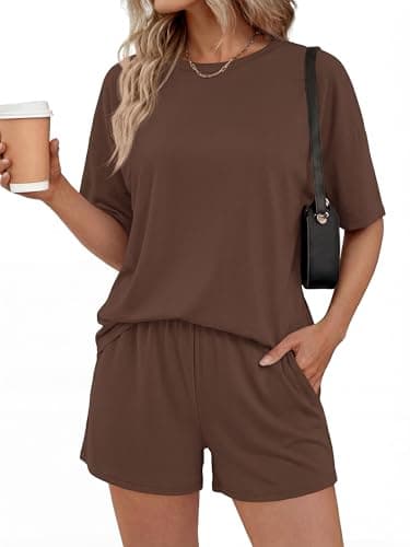 BTFBM 2 Piece Short Sets For Women 2026 Summer Airport Travel Vacation Outfits Loose Matching Clothing Spring Lounge Set(Brown, Medium) - Image 1