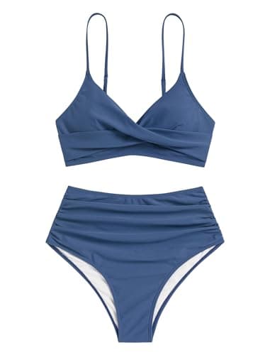 ZAFUL Women Swim Suit for Women 2023 High Waisted Bikini Sets Blue Two Piece Swimsuit Push Up Twist Front Ruched Bathing Suit Blue L - Thumbnail 4
