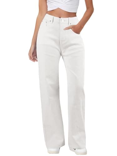 HDLTE Baggy Wide Leg Jeans for Women High Waisted Trendy Flare Jeans Boyfriend Denim Pants with Patch Pockets,White,Large - Image 1