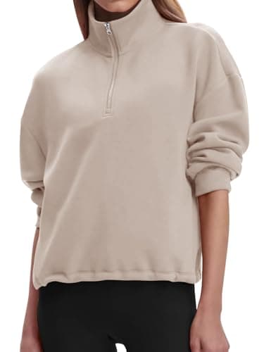 Womens Sweatshirts Half Zip Pullover Drawstring Waist Sweaters Quarter Zipper Hoodies 2025 Fall Winter Fashion Clothes Outfit Apricot X-Large - Image 1