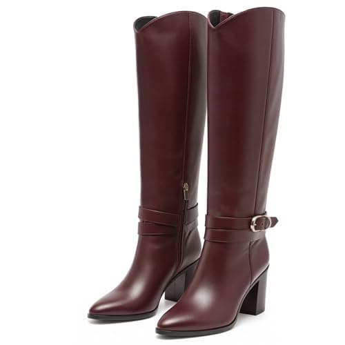 WIRALOMI Burgundy Knee High Boots for Women Pointed Toe Chunky Heel Boots Metal Buckle Tall Boots with Side Zipper Fall Long Boots,9
