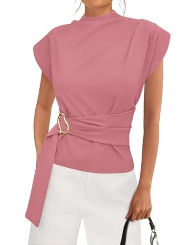 PRETTYGARDEN Women Blouses Spring Dressy Cap Sleeve Mock Neck Work Shirts Buckle Tunic Summer Business Casual Tops 2026(Rose Pink,XX-Large) - Image 1