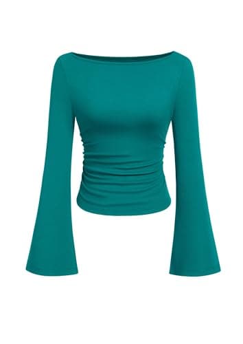 PRETTYGARDEN Womens Long Sleeve Shirts 2026 Spring Crop Going Out Tops Casual Boat Neck Bell Sleeve Ribbed Ruched Y2K Clothes (Dark Cyan,XX-Large) - Image 1