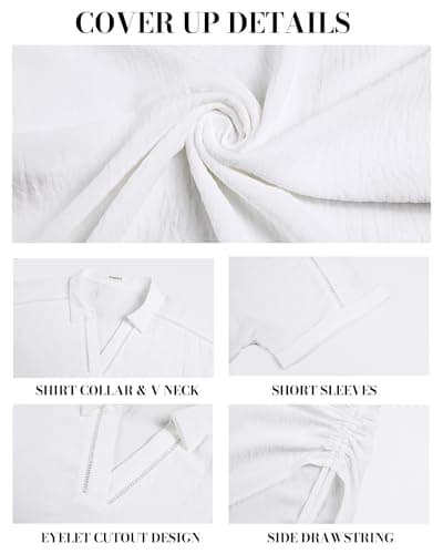 Bsubseach Womens Swimsuit Cover Up Shirt Short Sleeve Bathing Suit Coverups V Neck Bikini Coverup Drawstring Beach Dress White S - Thumbnail 6