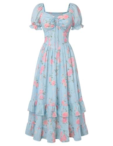 Scarlet Darkness Women Floral Cottagecore Dress Puff Sleeve Maxi Ruffled Corset Dress Blue Pink Floral XL - Image 1