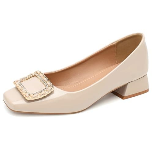 QFDZLA Women's Low Chunky Block Heel Pumps Comfortable Leather Square Toe Dress Shoes Slip On Block Heel for Office Lady Shoes Nude Size 10 - Thumbnail 3