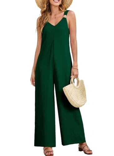 Acelitt Women Casual 2026 One Piece Jumpsuits Dressy Fashion Fall V Neck Sleeveless Loose Wide Leg Long Pant Rompers Outfits Green Medium