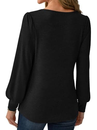 GKBK Women's Long Sleeve Tops Dressy Business Casual Blouses Basic Loose Fit V Neck Work Office Shirt Pleated Keyhole Puff Comfy 2025 Fall Winter Trendy Clothes Going Out Outfits Black Large - Thumbnail 4