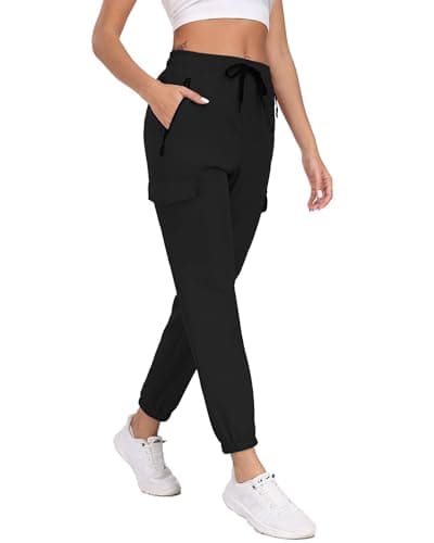 AGVNG Women Hiking Pants Waterproof Quick Dry Cargo Pants Joggers with Pockets Elastic Waist Drawstring UPF 50+ Lightweight Work Casual Travel Workout Black S - Thumbnail 4
