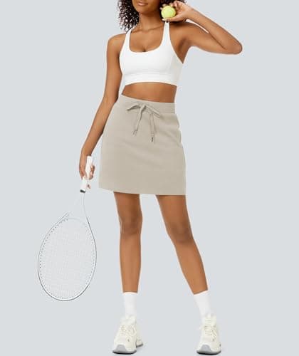 Casly Lamiit Womens Skorts Dressy Casual High Waisted Workout Drawstring Mini Skirts Athletic Elastic Waistband Short Sweat Skirt Dark Beige S - Thumbnail 5