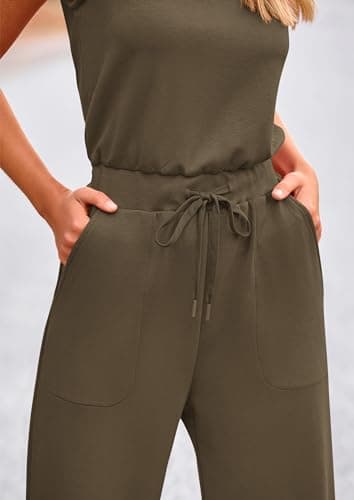 PRETTYGARDEN Jumpsuits for Women Casual 2026 Summer Sleeveless Wide Leg Pants Rompers One Piece Beach Vacation Spring Outfits (Army Green,X-Large) - Thumbnail 5