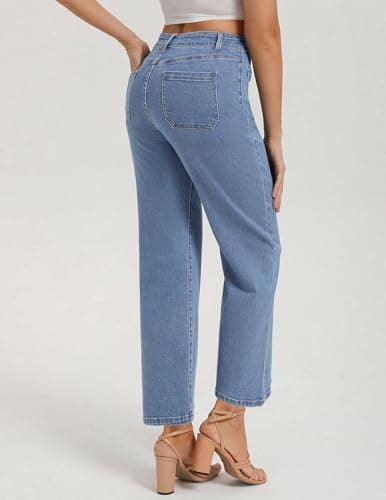 Belle Poque Women Straight Leg Jeans Light Blue Mid Rise Stretchy Wide Leg Denim Pants with Pockets Front (Light Blue, 6) - Thumbnail 4